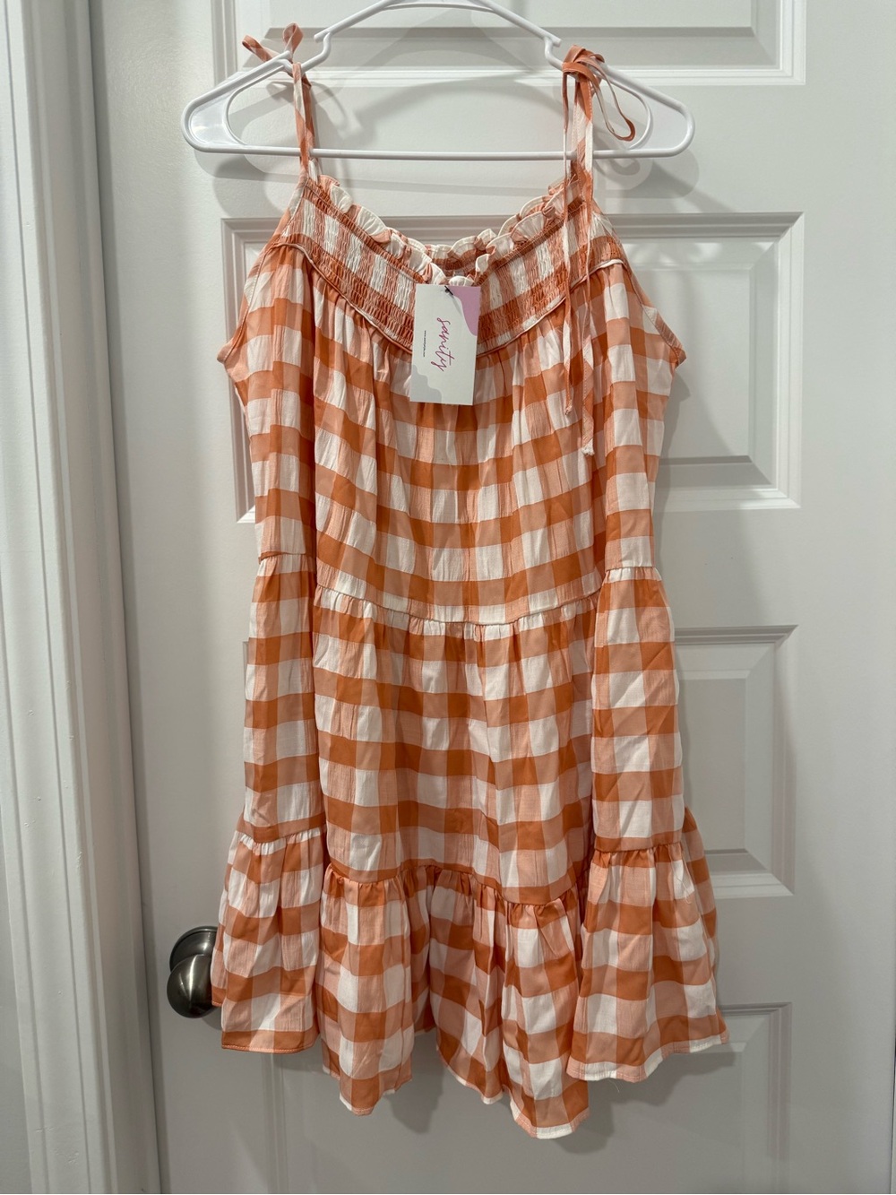 Gingham Tie-Shoulder Sundress in Orange and White